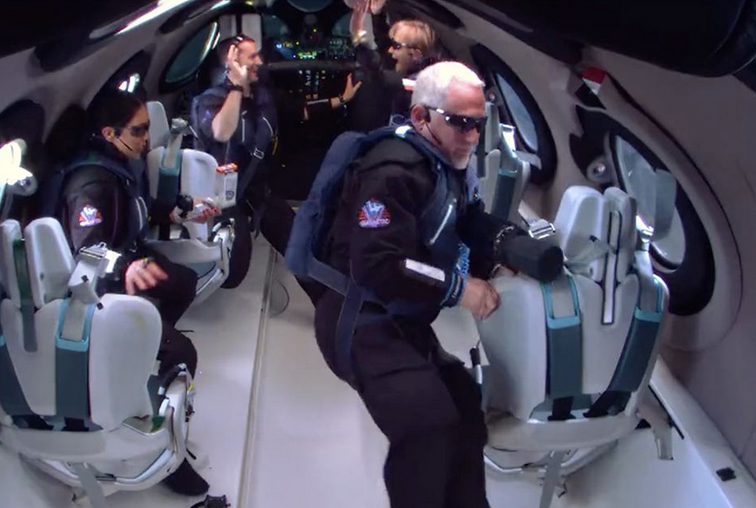 Dr. Alan Stern aboard Virgin Galactic suborbital flight in 2023.